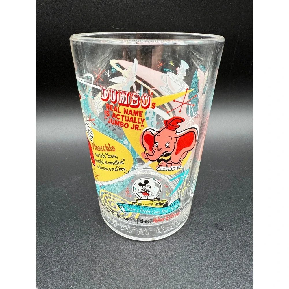 Disney Vintage 100 yr Glass Tumbler Dumbo Pinocchio Bambi Tinkerbell Collectible